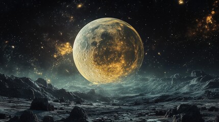 Obraz premium a stunning view of a large moon illuminating a dark, starry sky over a rocky landscape