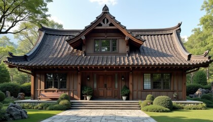 Fototapeta premium Elegant Asianstyle house with a serene garden setting