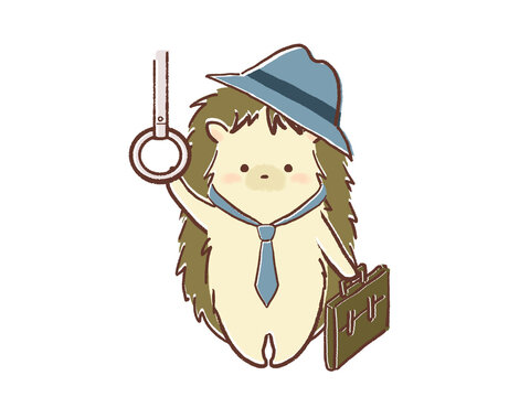 つり革を持つハリネズミのイラスト