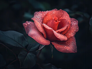 Single red rose petal with dew droplets reflecting light.