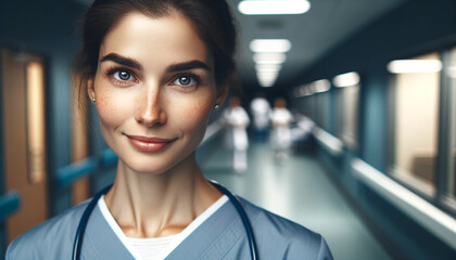 Naklejka premium Portrait of young woman nurse at hospital corridor. Portrait of young female doctor wearing blue uniform standing in modern hospital looking at camera. Female medical assistant. Healthcare concept.