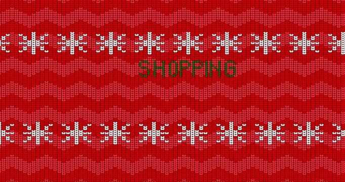 Ugly sweater animated video with Shopping text. Animation of Winter knitted sweater pattern in red, white and green.
