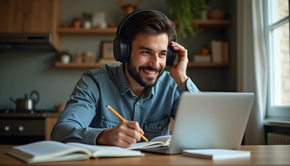 Estudiante adulto hispano tomando notas y escuchando conferencia en línea desde su hogar