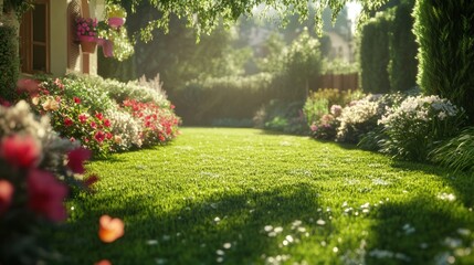 Obraz premium A lush, green front yard with manicured grass and vibrant flowers, bathed in soft sunlight, creating a welcoming atmosphere.