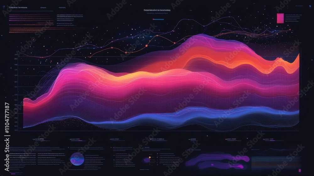 Poster vibrant data visualization with colorful flowing graph lines