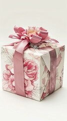 A beautifully wrapped gift box adorned with pink floral patterns and a decorative ribbon, perfect for any special occasion.