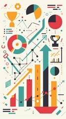 Fototapeta premium A colorful infographic illustrating growth metrics, charts, and trophies, symbolizing achievement and data analytics.