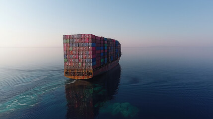 Massive cargo ship sailing on calm ocean waters, reflecting colors