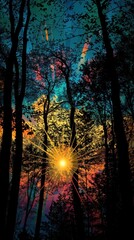 A vibrant forest scene at dusk, with colorful skies and bright rays of light shining through the trees.