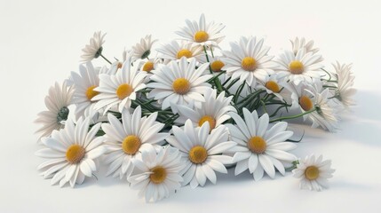 Obraz premium A cluster of white daisies with yellow centers arranged gracefully on a light background, symbolizing purity and freshness.