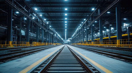 Obraz premium Industrial train station with illuminated tracks and spacious interior