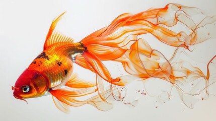 Fototapeta premium A vibrant goldfish swims gracefully, showcasing its flowing fins and striking colors against a clean, white background.