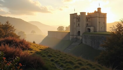 Fototapeta premium Enchanted castle on a hill bathed in the glow of a setting sun