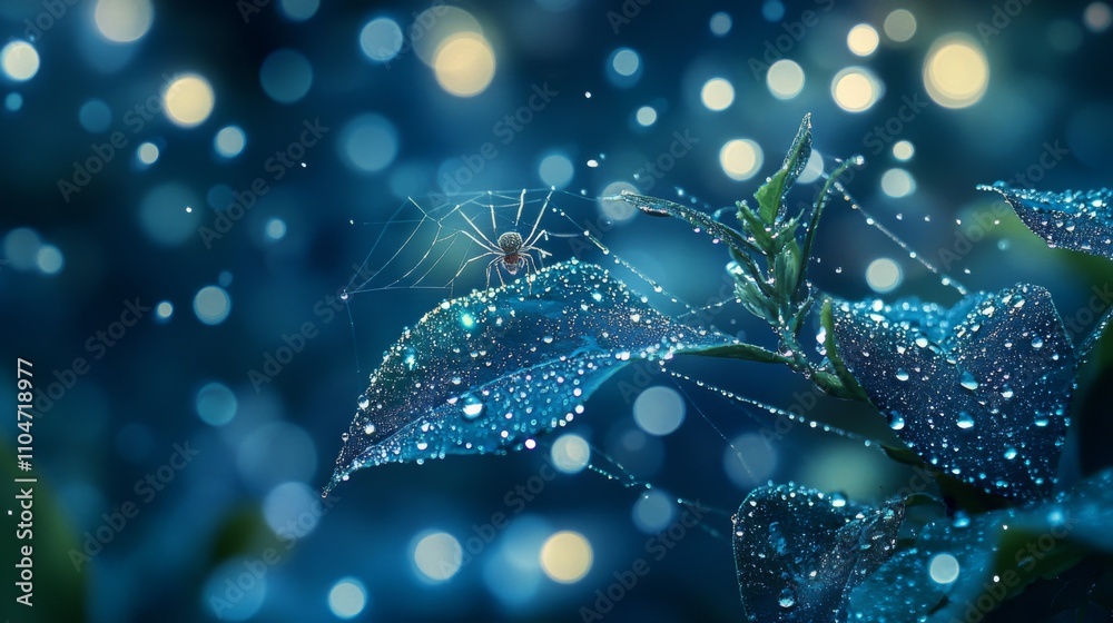 Poster Delicate Spider on Leaf Covered with Raindrops and Soft Bokeh Glow