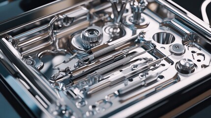 Close-up of advanced dental equipment on a sleek tray, featuring precision tools and instruments, captured with vibrant detail in a professional studio setup.