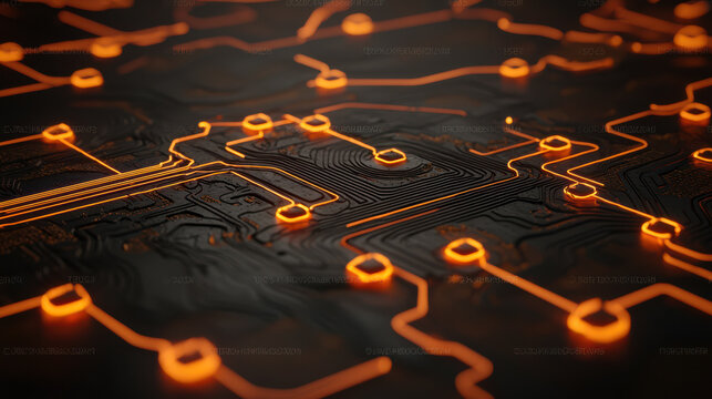 glowing circuit board with vibrant orange lines creates futuristic and technological atmosphere, highlighting intricate pathways and connections