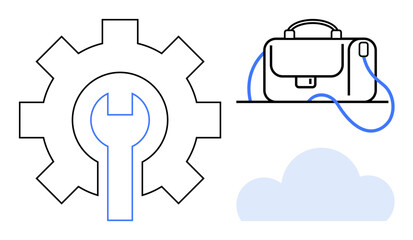 Gear and wrench, briefcase, and cloud. Ideal for technology, business, engineering, online storage, productivity, cloud computing, and digital tools Line metaphor