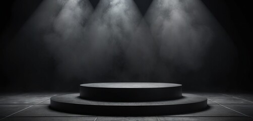 A spotlight shining on a podium in an abstract 3D scene with a black background and white smoke and light effects