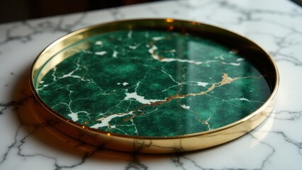 Oval marble tray featuring polished green marble and golden details
