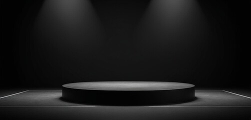 Empty room with black walls, grunge texture, dark vintage design, and stone floor with a round display podium surface for product
