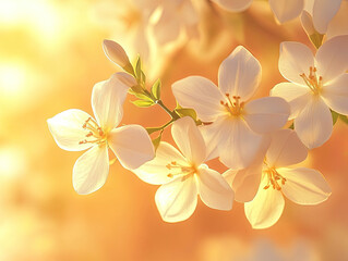 Soft white jasmine blossom glowing in the golden light.