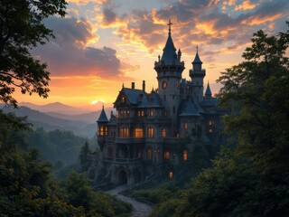 Obraz premium Ancient stone castle, bathed in dusky light.