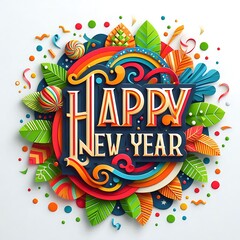 Colorful Happy New Year Design with Festive Leaves