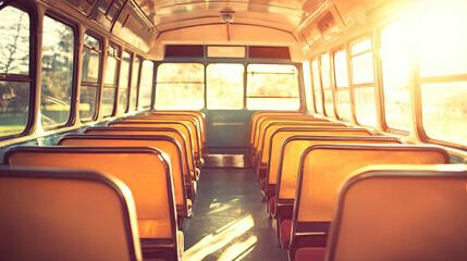 Empty bus interior with warm sunlight streaming through windows
