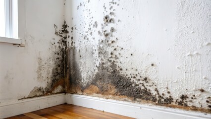 Black mold growth on a white wall , fungus, toxic, damp, damage, deteriorate, health hazard, spores, moldy, surface