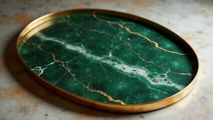Elegant green marble tray with brass details and a polished finish