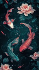 Vibrant Koi Fish Swimming Among Water Lilies in Tranquil Pond