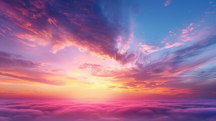 Majestic colorful sunrise sky without birds, wide panoramic view