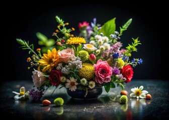 Obraz premium Black and White Tilt-Shift Photography of Elegant Studio Flowers and Plants on Dark Background for Artistic Home Decor and Nature Lovers