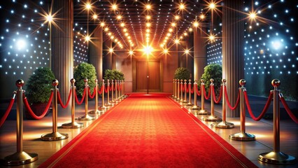 Elegant red carpet entrance at a corporate charity fundraiser gala with dazzling lights and decorations, red carpet