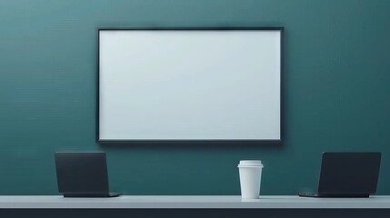 Workspace Setup with Blank Frame Teal Wall Modern Desks Minimalist Environment Front View Creative Inspiration