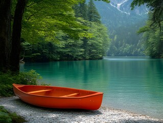 A vibrant kayak resting on the pebbled shore of a quiet river bend, surrounded by towering cliffs and lush foliage. Calm river water gently flowing. No people, highlighting solitude in nature.