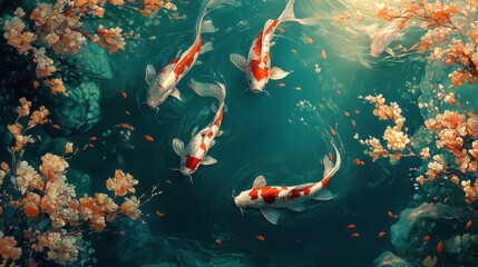 Serene Underwater Scene with Colorful Koi Fish and Blossoming Flowers