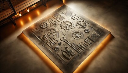 Embossed Metalwork Depicting Tools and Gears