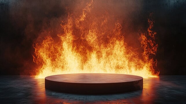 A circular platform set against a backdrop of fiery flames.