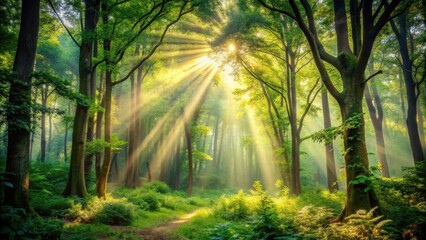 Obraz premium Enchanted forest with dense foliage and rays of sunlight filtering through the trees , mysterious, magical, woods, mystical