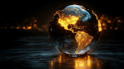 vibrant glowing glass globe showcasing the Americas with brilliant hues, symbolizing global connectivity, innovation, and the illumination of knowledge in a modern world of endless possibilities