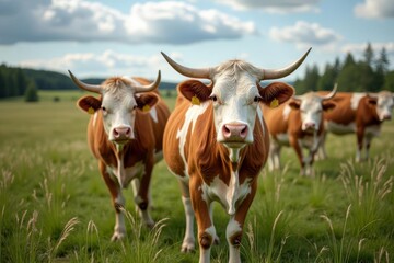  Peaceful pastoral scene with longhorned cattle in a lush field
