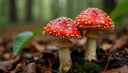  Natures vibrant artistry  A pair of red and white mushrooms in the forest
