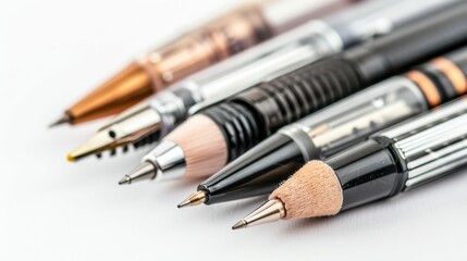 A close-up of various writing instruments, including pens and pencils, arranged neatly to showcase their design and functionality.