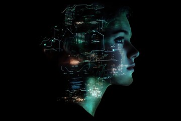 Double exposure of a person with their silhouette subtly blended with a digital grid of circuits and flowing binary code