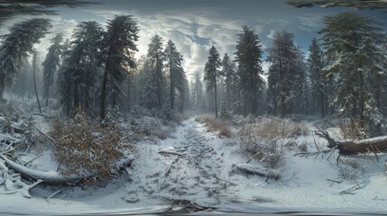 Obraz premium A serene winter forest landscape with snow-covered trees and a winding path.