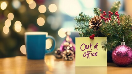 A festive scene featuring a "Out of Office" note on a table, adorned with Christmas decorations and a cozy cup.