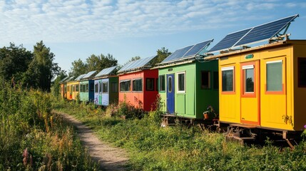Obraz premium Colorful eco-friendly cabins with solar panels in a natural setting.