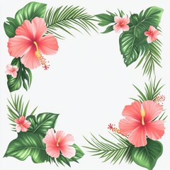 Obraz premium Vibrant pink hibiscus flowers and lush green tropical leaves form a square frame on a white background.