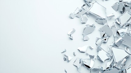 Shattered, reflective fragments scattered across a light background, creating an abstract and modern composition.
